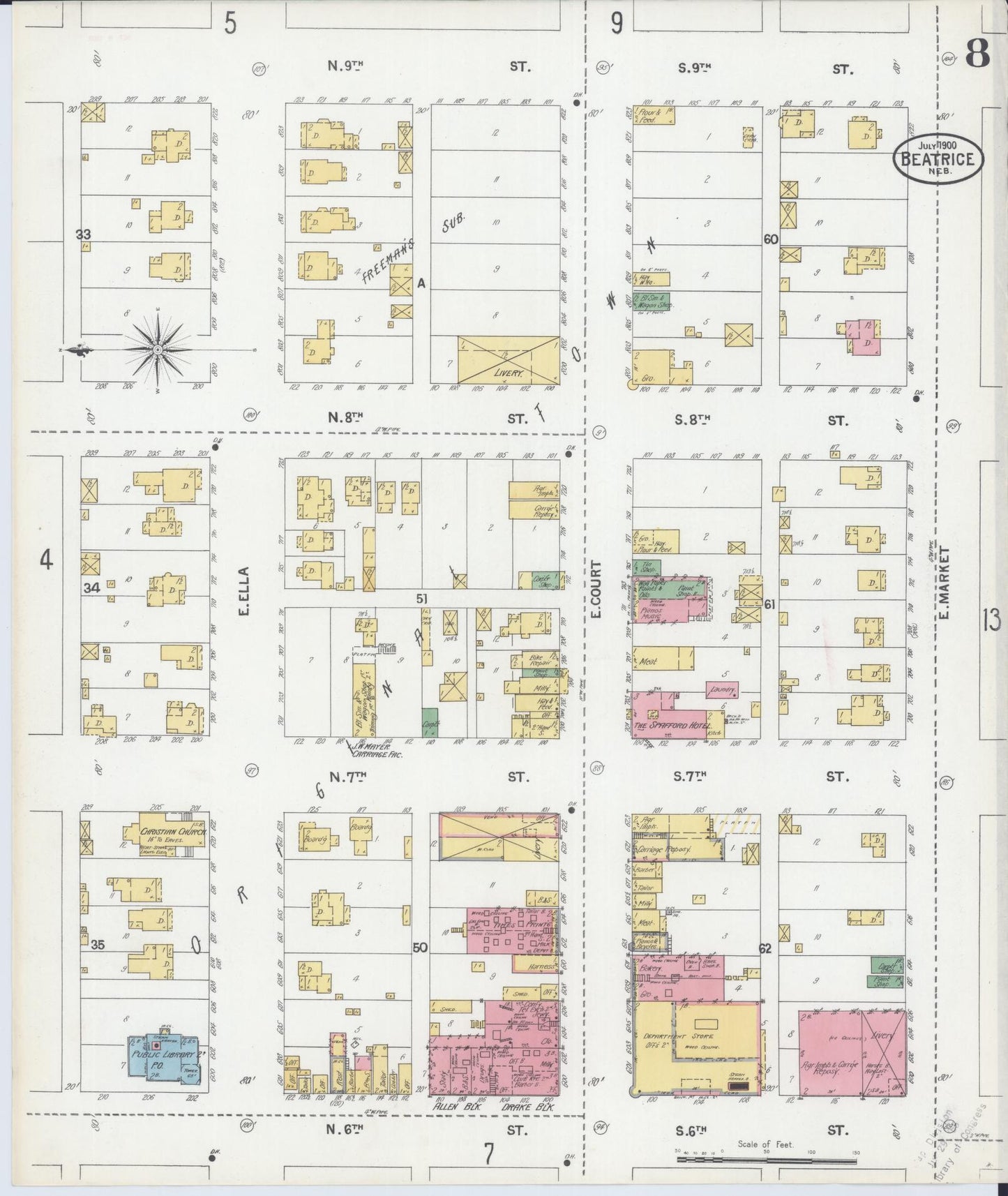 Sanborn Fire Insurance Map from Beatrice, Gage County, Nebraska (1900), Sheet #0008 - Historic Sanborn Fire Insurance Map Print, vintage old map wall art, antique decor, genealogy gift, Nebraska Nebraska map