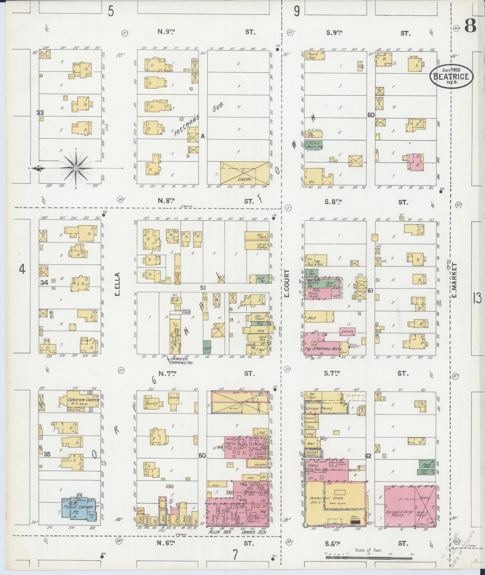 Sanborn Fire Insurance Map from Beatrice, Gage County, Nebraska (1900), Sheet #0008 - Historic Sanborn Fire Insurance Map Print, vintage old map wall art, antique decor, genealogy gift, Nebraska Nebraska map
