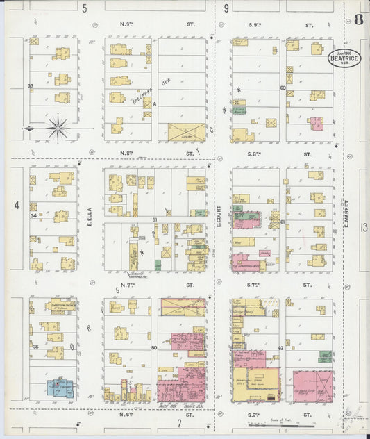 Sanborn Fire Insurance Map from Beatrice, Gage County, Nebraska (1900), Sheet #0008 - Historic Sanborn Fire Insurance Map Print, vintage old map wall art, antique decor, genealogy gift, Nebraska Nebraska map