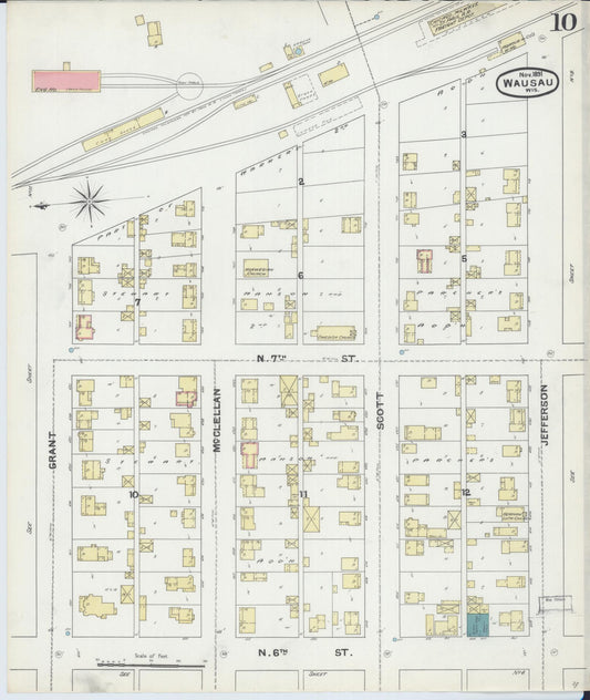 Sanborn Fire Insurance Map from Wausau, Marathon County, Wisconsin (1891), Sheet #0010 - Historic Sanborn Fire Insurance Map Print, vintage old map wall art, antique decor, genealogy gift, Wisconsin Wisconsin map
