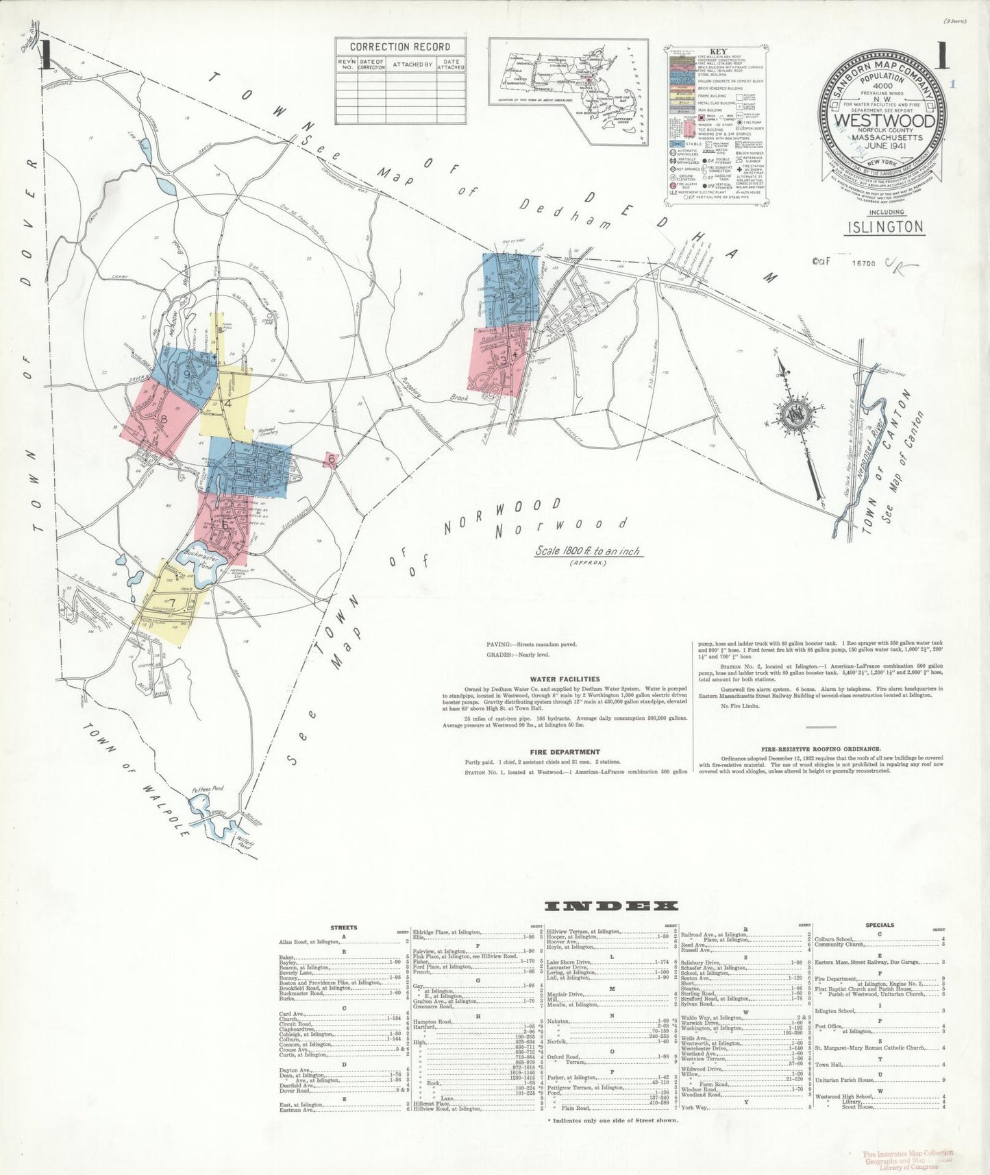 Sanborn Fire Insurance Map from Westwood, Norfolk County, Massachusetts (1941), Sheet #0001 - Historic Sanborn Fire Insurance Map Print, vintage old map wall art, antique decor, genealogy gift, Massachusetts Massachusetts map