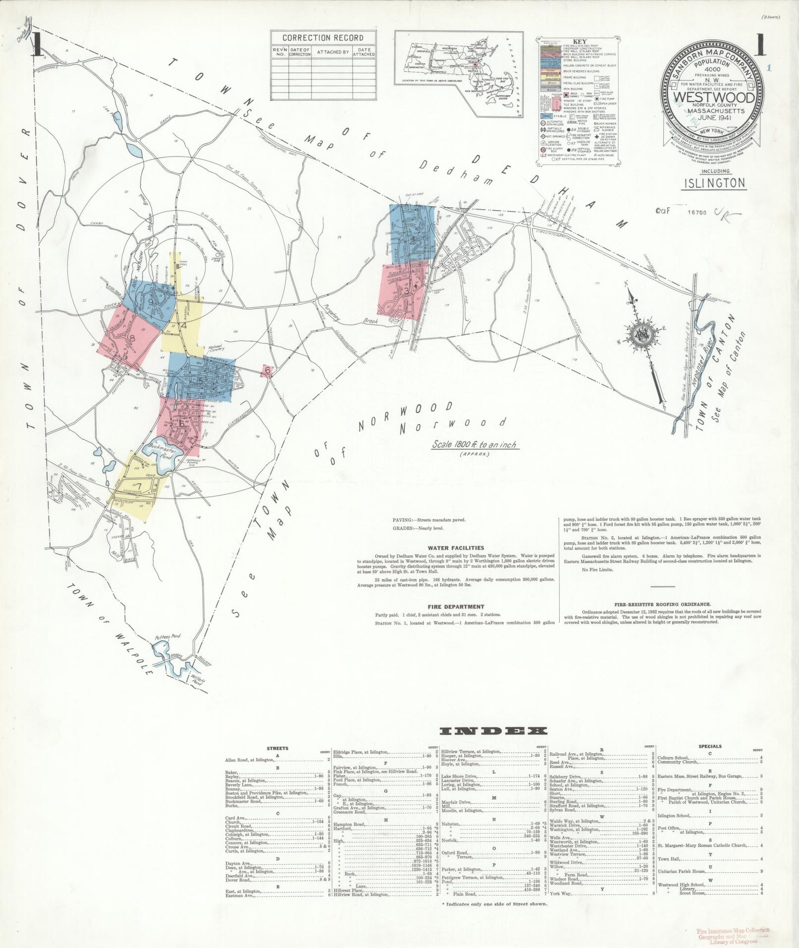 Sanborn Fire Insurance Map from Westwood, Norfolk County, Massachusetts (1941), Sheet #0001 - Historic Sanborn Fire Insurance Map Print, vintage old map wall art, antique decor, genealogy gift, Massachusetts Massachusetts map