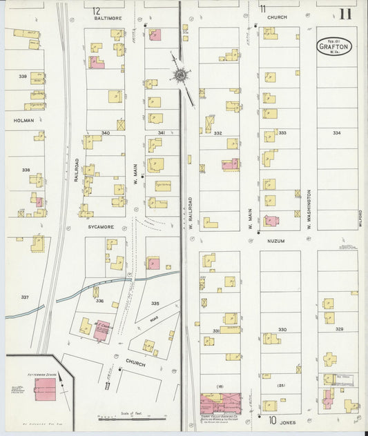 Sanborn Fire Insurance Map from Grafton, Taylor County, West Virginia (1911), Sheet #0011 - Historic Sanborn Fire Insurance Map Print, vintage old map wall art, antique decor, genealogy gift, West Virginia West Virginia map