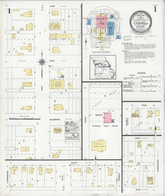 Sanborn Fire Insurance Map from Cardwell, Dunklin County, Missouri (1928), Sheet #0001 - Historic Sanborn Fire Insurance Map Print, vintage old map wall art, antique decor, genealogy gift, Missouri Missouri map