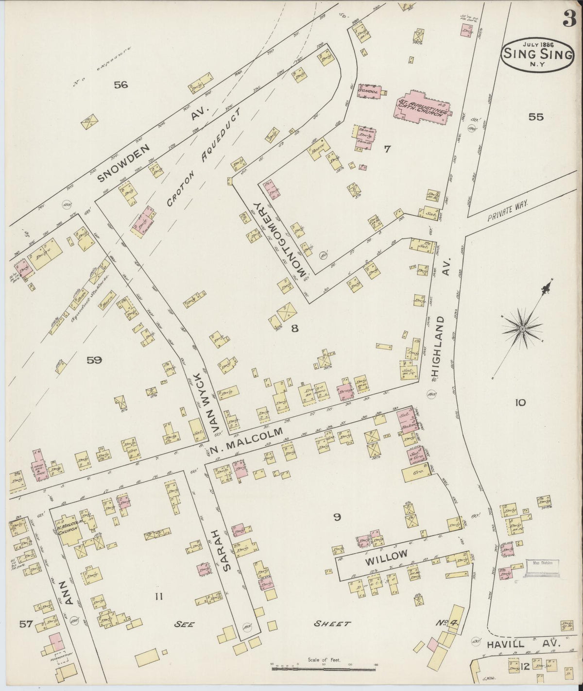 Sanborn Fire Insurance Map from Sing Sing, Westchester County, New York (1886), Sheet #0003 - Historic Sanborn Fire Insurance Map Print, vintage old map wall art, antique decor, genealogy gift, New York New York map