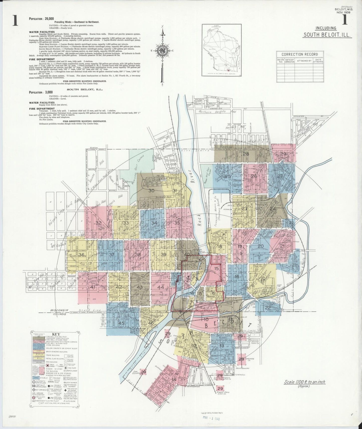 Sanborn Fire Insurance Map from Beloit, Rock County, Wisconsin (1939), Sheet #0001 - Historic Sanborn Fire Insurance Map Print, vintage old map wall art, antique decor, genealogy gift, Wisconsin Wisconsin map