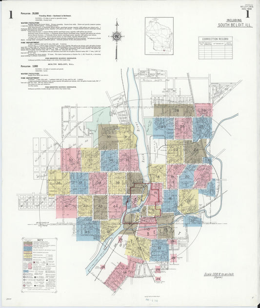 Sanborn Fire Insurance Map from Beloit, Rock County, Wisconsin (1939), Sheet #0001 - Historic Sanborn Fire Insurance Map Print, vintage old map wall art, antique decor, genealogy gift, Wisconsin Wisconsin map