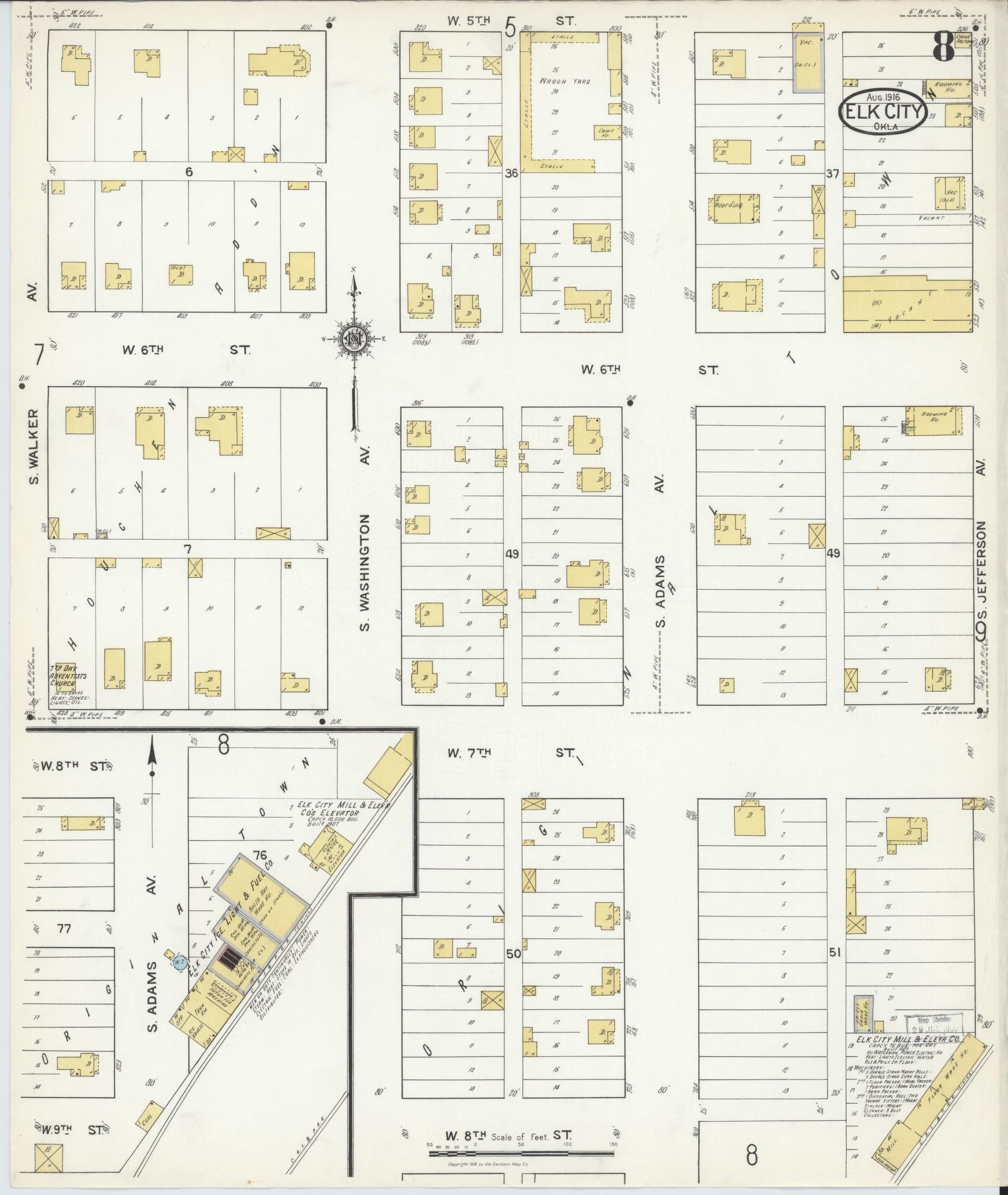 Sanborn Fire Insurance Map from Elk City, Beckham County, Oklahoma (1916), Sheet #0008 - Complete Map Set gallery image, historic Sanborn map, vintage wall art, Oklahoma Oklahoma