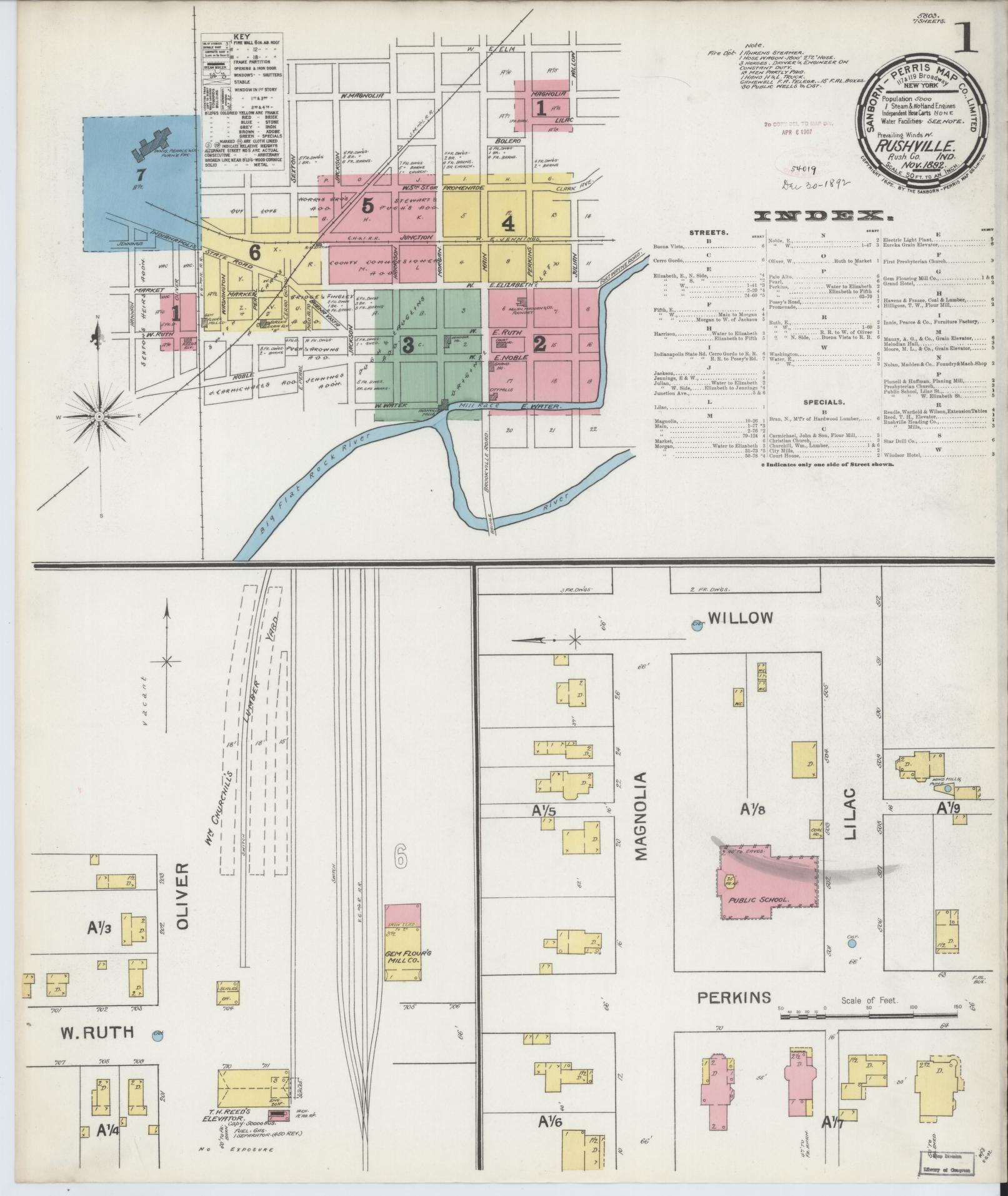 Sanborn Fire Insurance Map from Rushville, Rush County, Indiana (1892), Sheet #0001 - Complete Map Set gallery image, historic Sanborn map, vintage wall art, Indiana Indiana