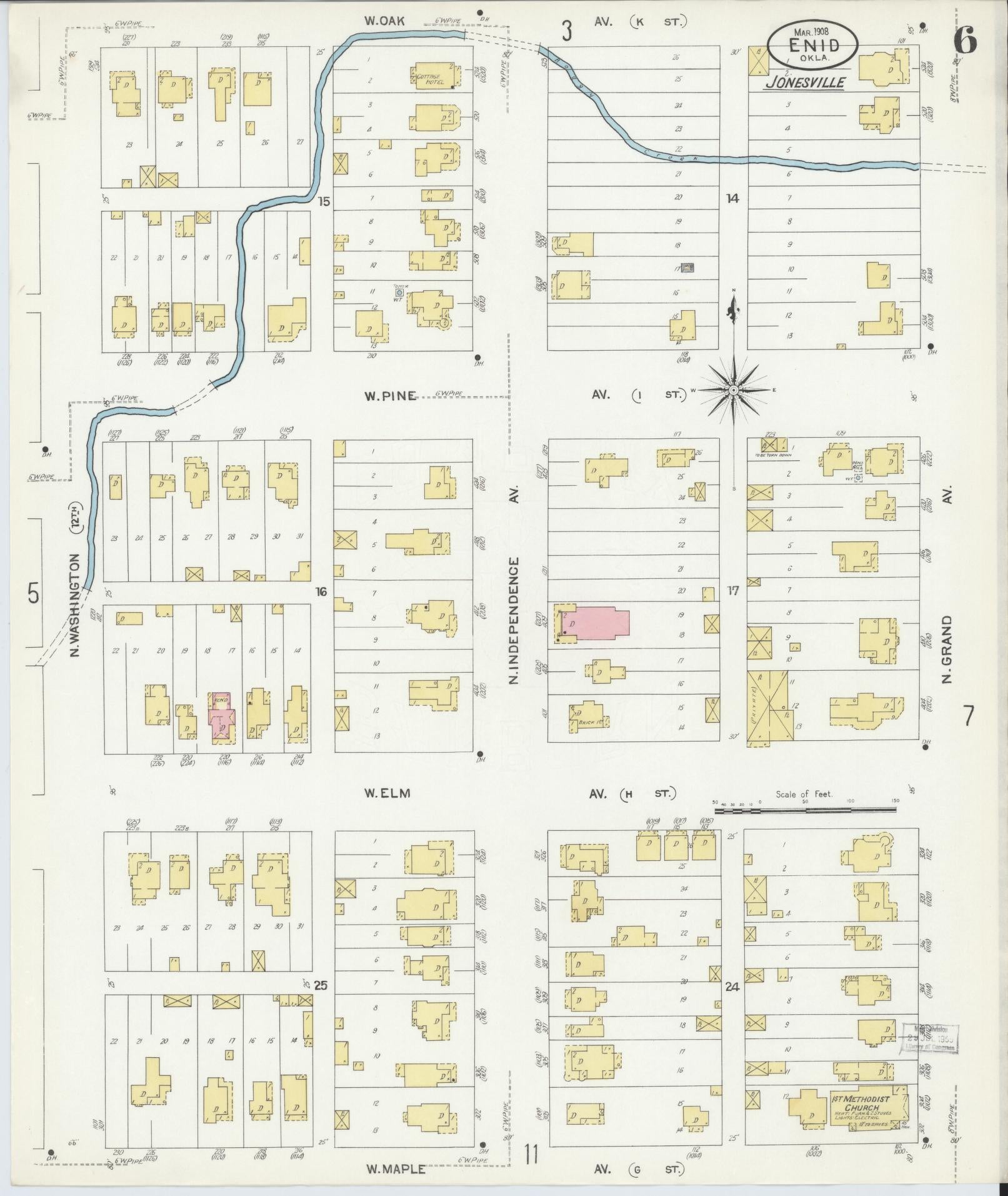Sanborn Fire Insurance Map from Enid, Garfield County, Oklahoma (1908), Sheet #0006 - Historic Sanborn Fire Insurance Map Print, vintage old map wall art, antique decor, genealogy gift, Oklahoma Oklahoma map