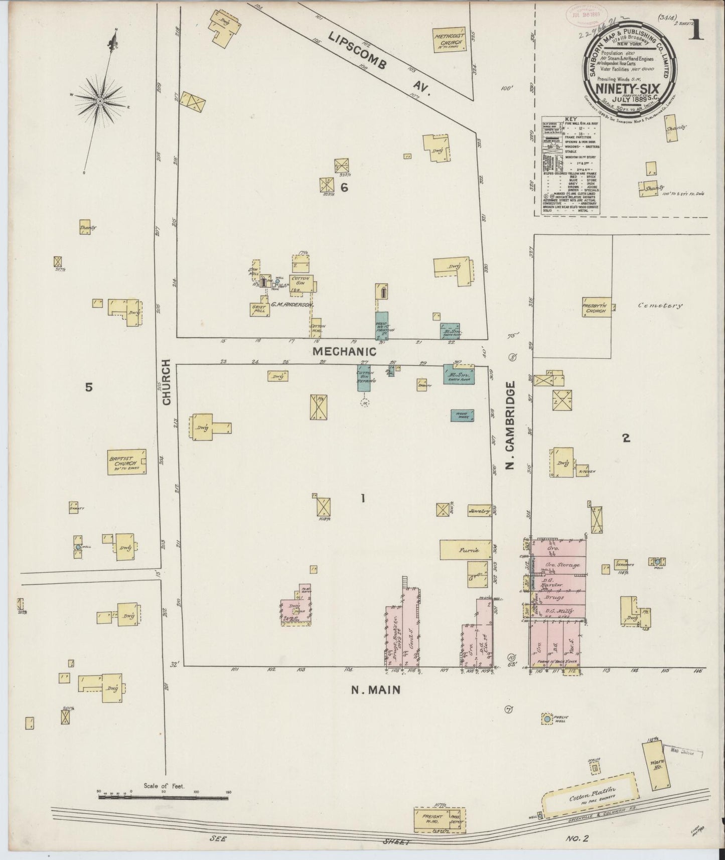 Sanborn Fire Insurance Map from Ninety Six, Greenwood County, South Carolina (1889), Sheet #0001 - Complete Map Set gallery image, historic Sanborn map, vintage wall art, South Carolina South Carolina