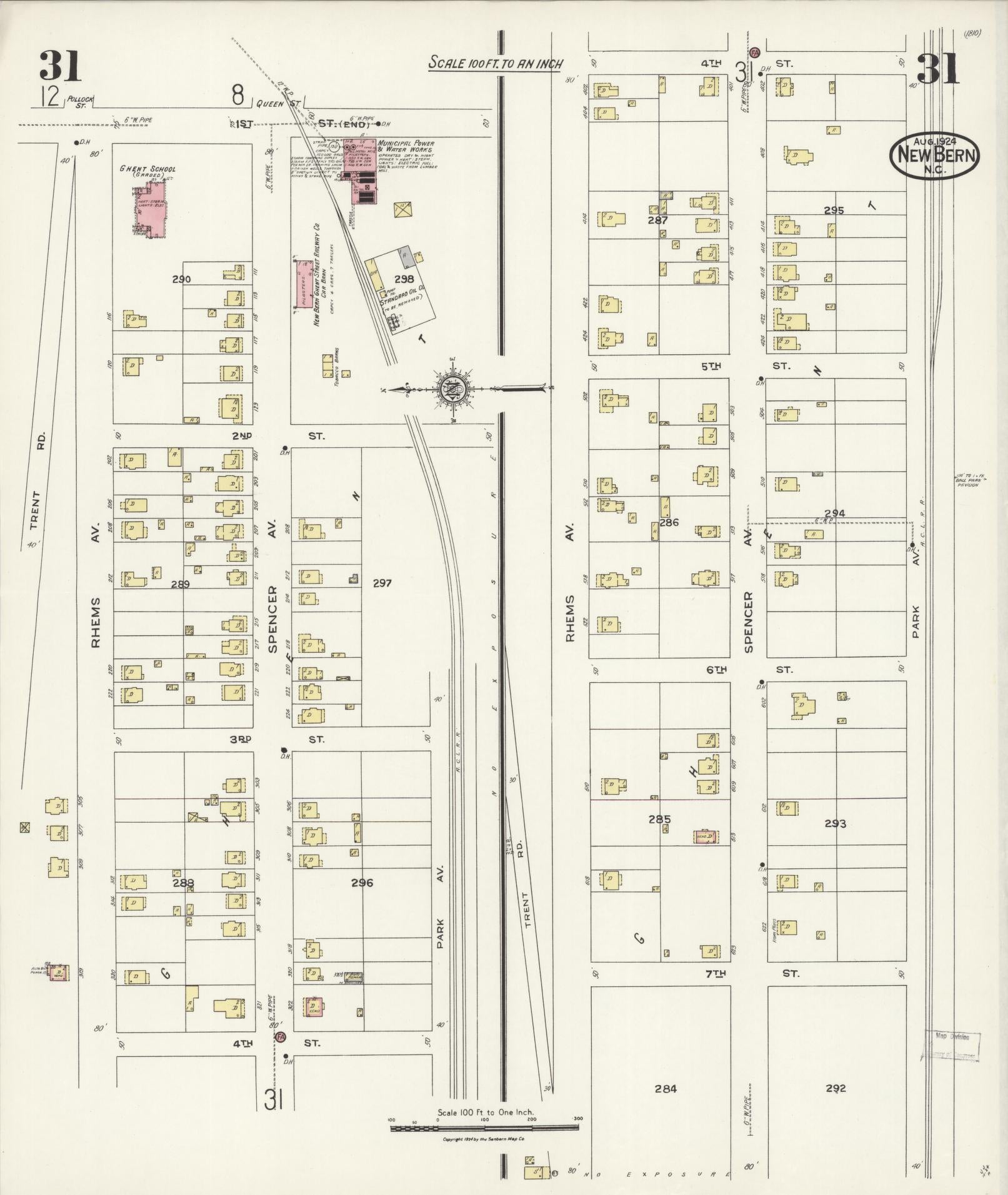 Sanborn Fire Insurance Map from New Bern, Craven County, North Carolina (1924), Sheet #0031 - Historic Sanborn Fire Insurance Map Print, vintage old map wall art, antique decor, genealogy gift, North Carolina North Carolina map