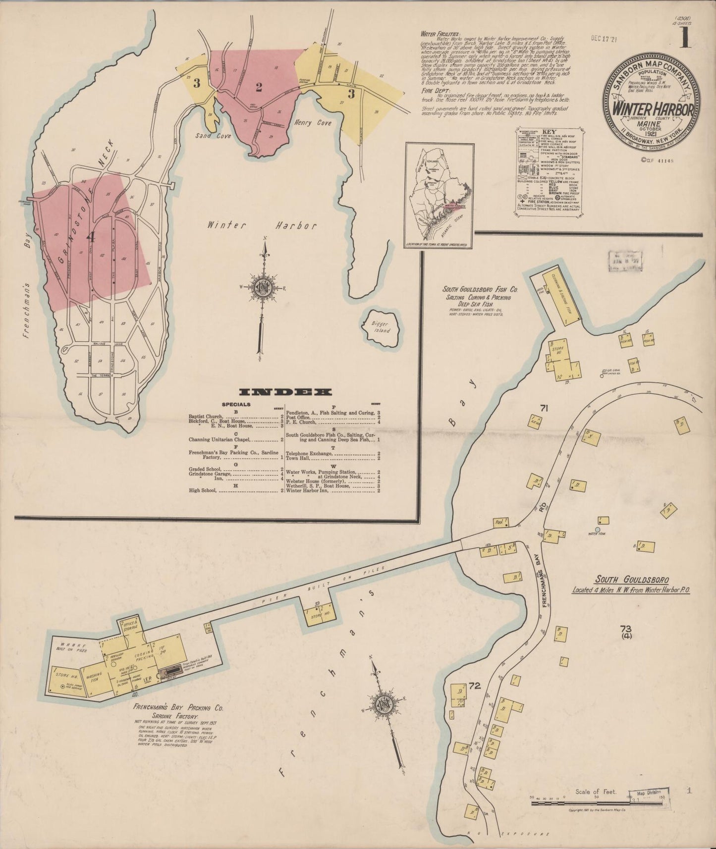 Sanborn Fire Insurance Map from Winter Harbor, Hancock County, Maine (1921), Sheet #0001 - Complete Map Set gallery image, historic Sanborn map, vintage wall art, Maine Maine