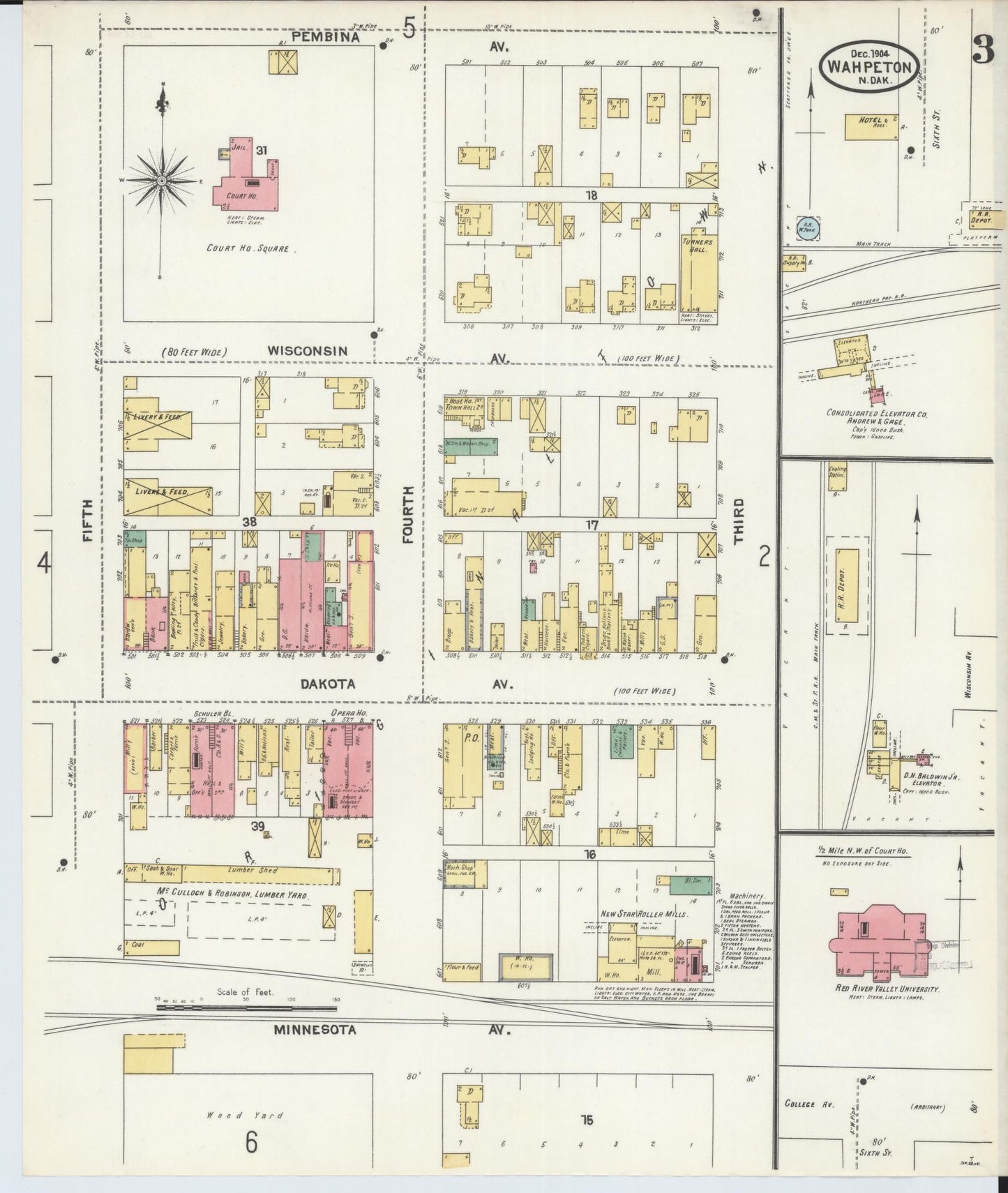 Sanborn Fire Insurance Map from Wahpeton, Richland County, North Dakota (1904), Sheet #0003 - Complete Map Set gallery image, historic Sanborn map, vintage wall art, North Dakota North Dakota