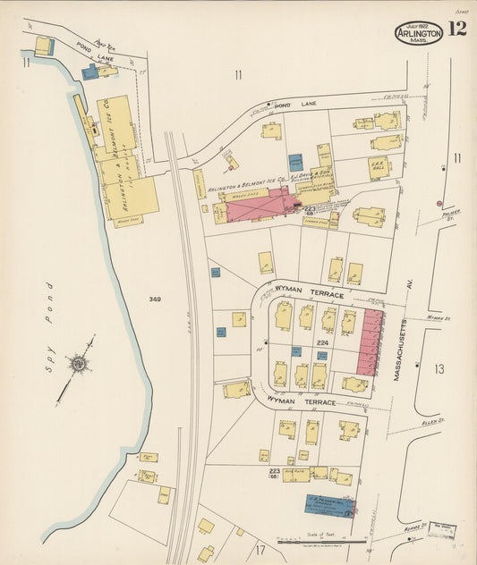 Sanborn Fire Insurance Map from Arlington, Middlesex County, Massachusetts (1922), Sheet #0012 - Historic Sanborn Fire Insurance Map Print, vintage old map wall art, antique decor, genealogy gift, Massachusetts Massachusetts map