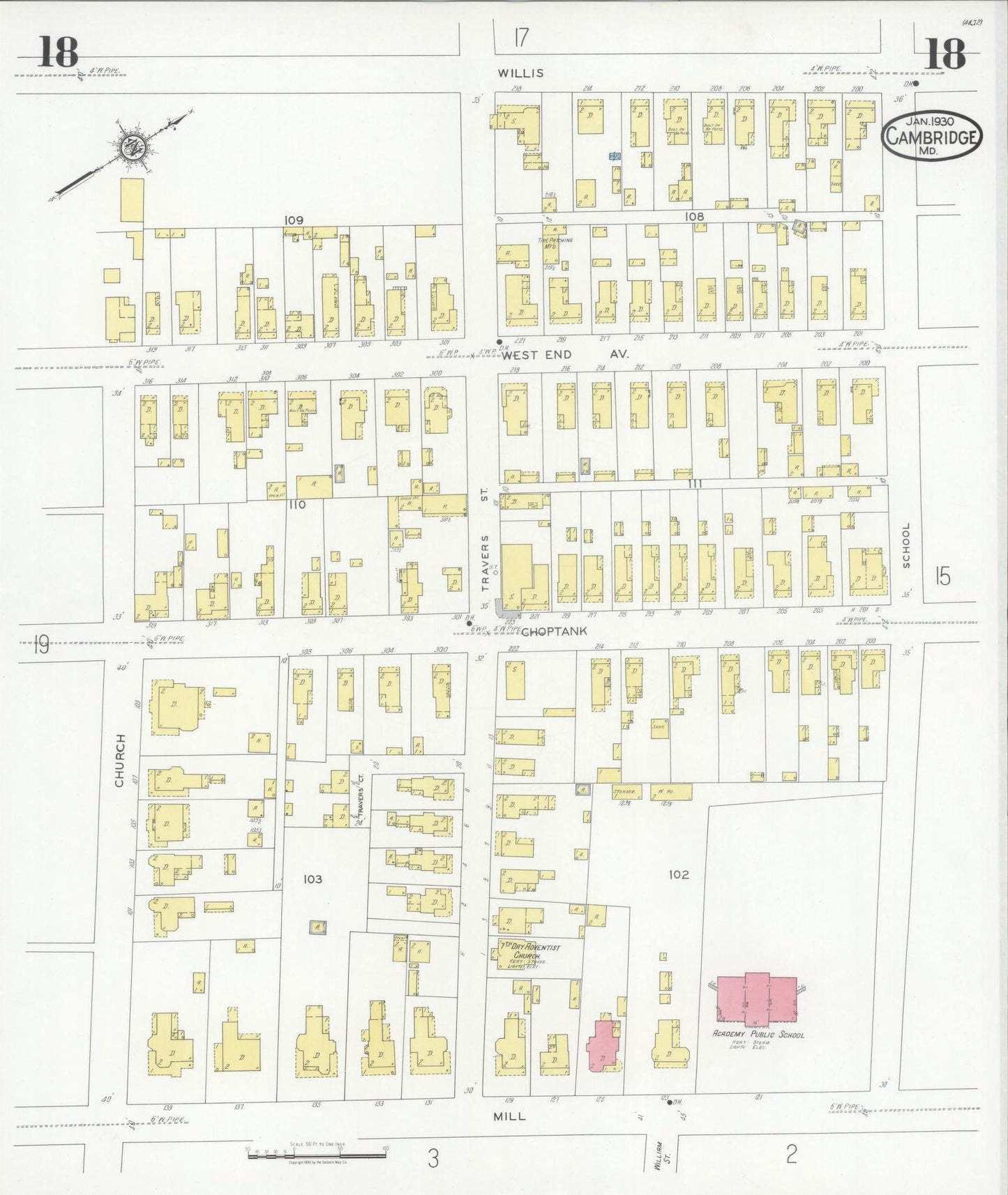 Sanborn Fire Insurance Map from Cambridge, Dorchester County, Maryland (1930), Sheet #0018 - Complete Map Set gallery image, historic Sanborn map, vintage wall art, Maryland Maryland