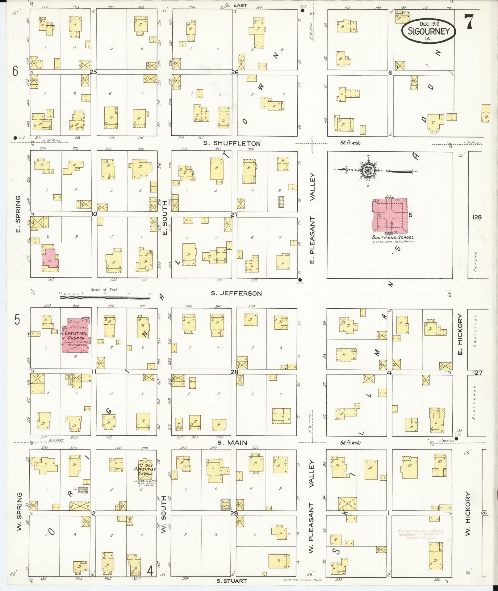 Sanborn Fire Insurance Map from Sigourney, Kiokuk County, Iowa (1916), Sheet #0007 - Historic Sanborn Fire Insurance Map Print, vintage old map wall art