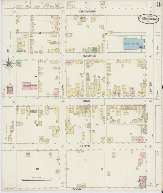 Sanborn Fire Insurance Map from Ebensburg, Cambria County, Pennsylvania (1887), Sheet #0003 - Historic Sanborn Fire Insurance Map Print, vintage old map wall art, antique decor, genealogy gift, Pennsylvania Pennsylvania map