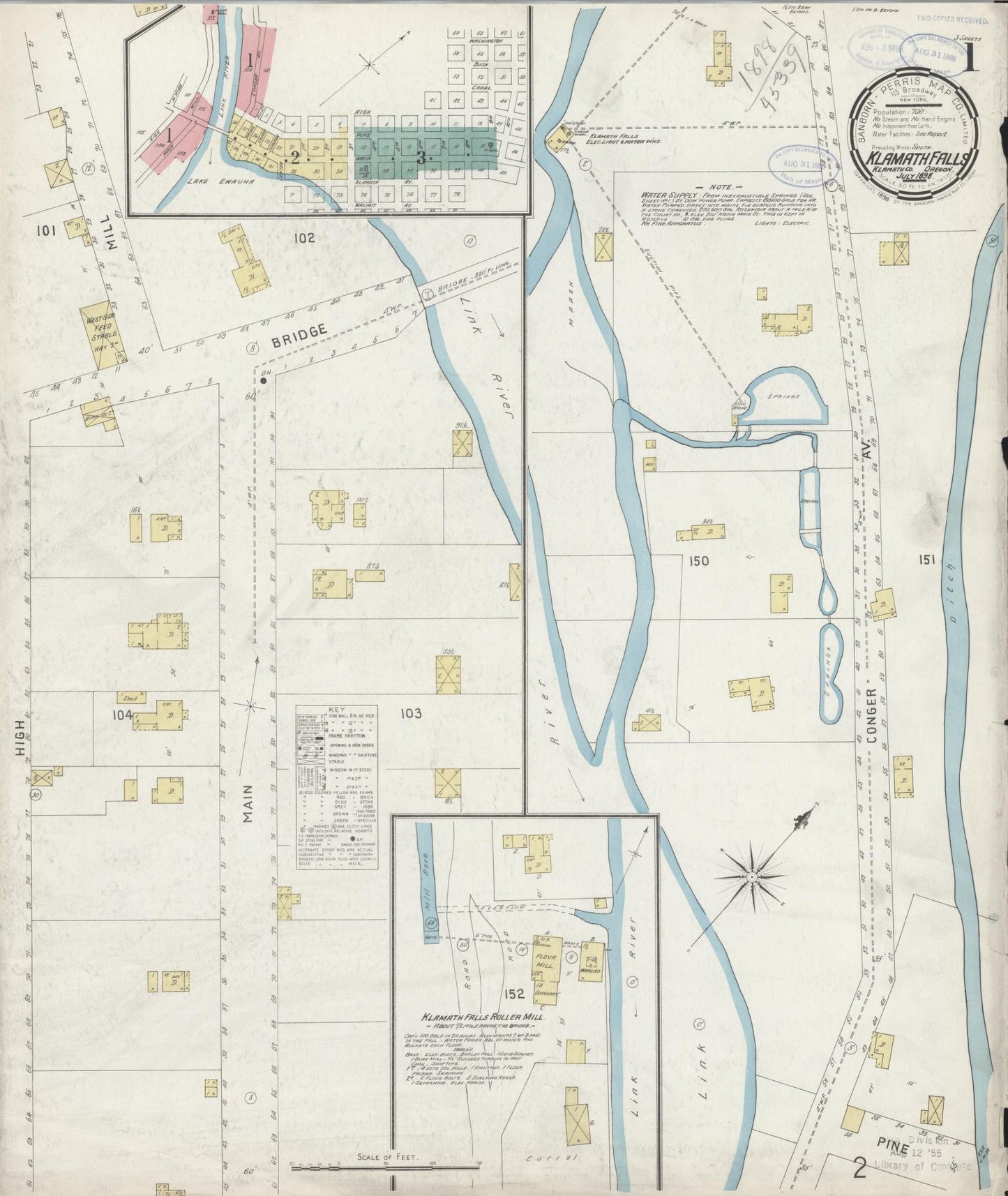 Sanborn Fire Insurance Map from Klamath Falls, Klamath County, Oregon (1898), Sheet #0001 - Complete Map Set gallery image, historic Sanborn map, vintage wall art, Oregon Oregon