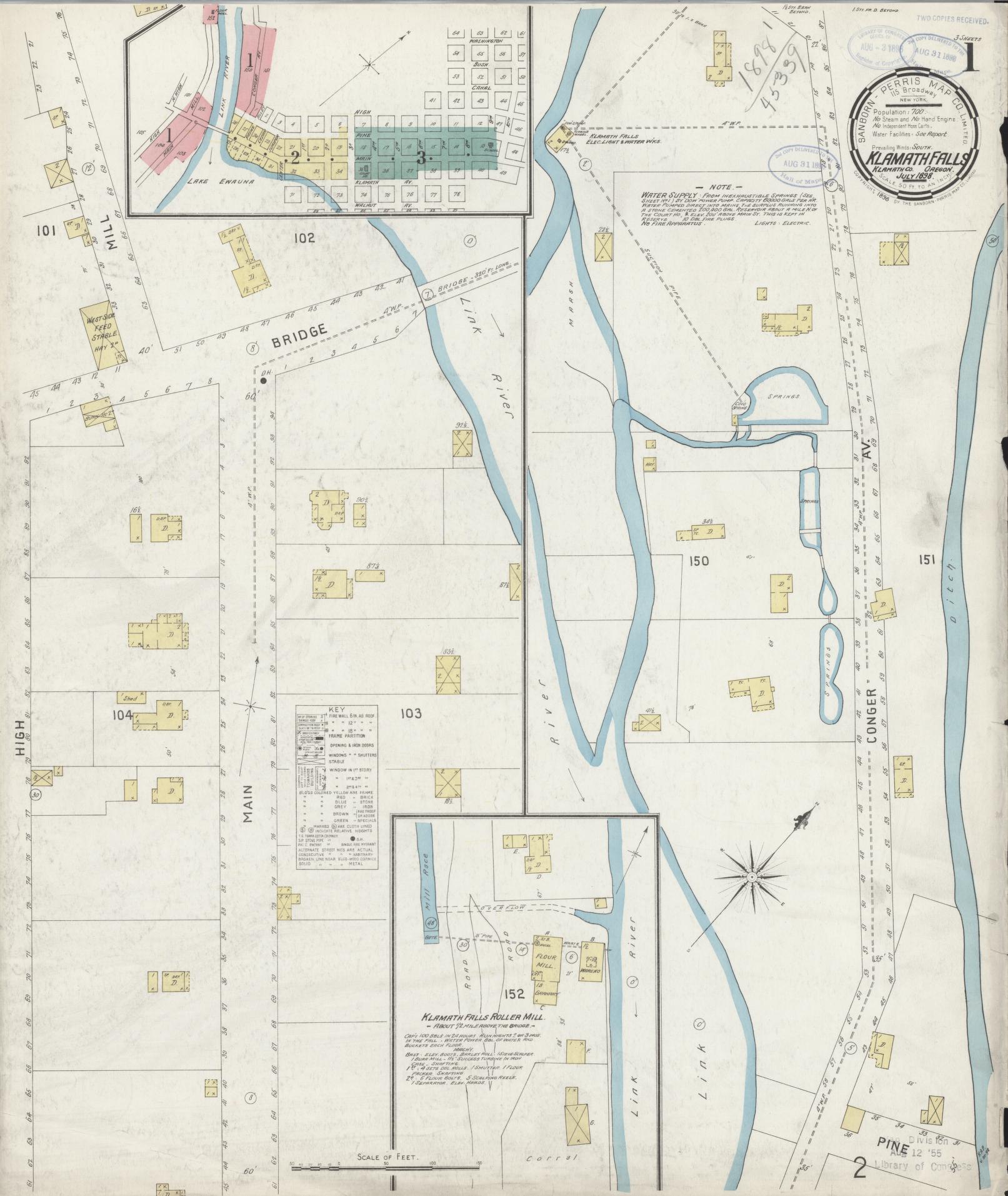 Sanborn Fire Insurance Map from Klamath Falls, Klamath County, Oregon (1898), Sheet #0001 - Complete Map Set gallery image, historic Sanborn map, vintage wall art, Oregon Oregon