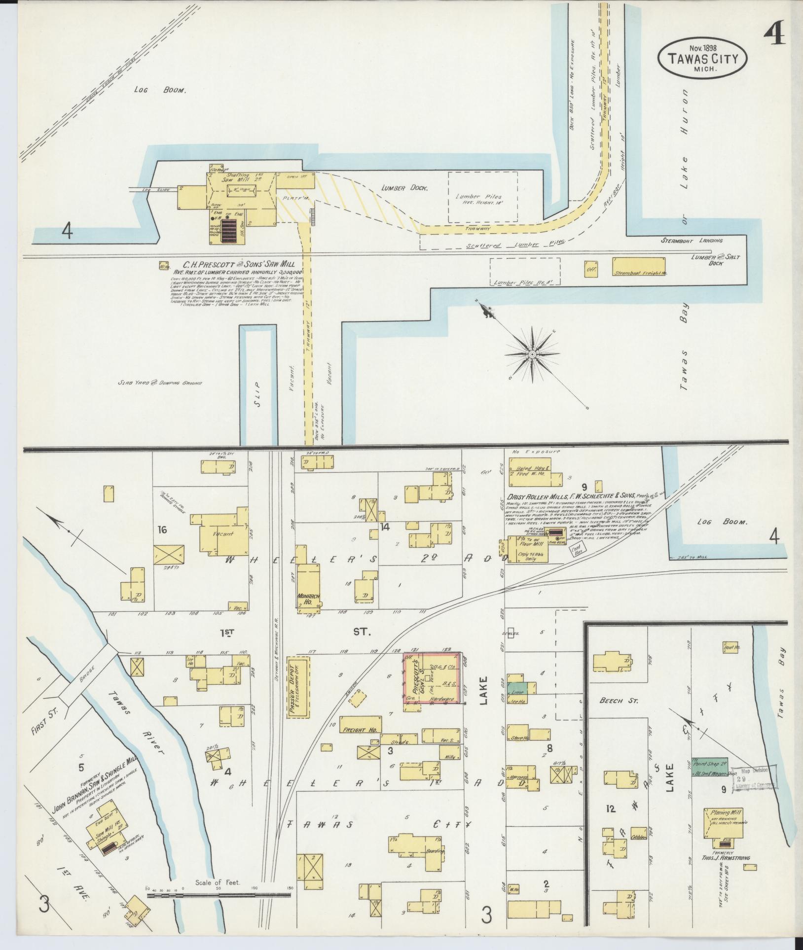Sanborn Fire Insurance Map from Tawas City, Iosco County, Michigan (1898), Sheet #0004 - Historic Sanborn Fire Insurance Map Print, vintage old map wall art, antique decor, genealogy gift, Michigan Michigan map