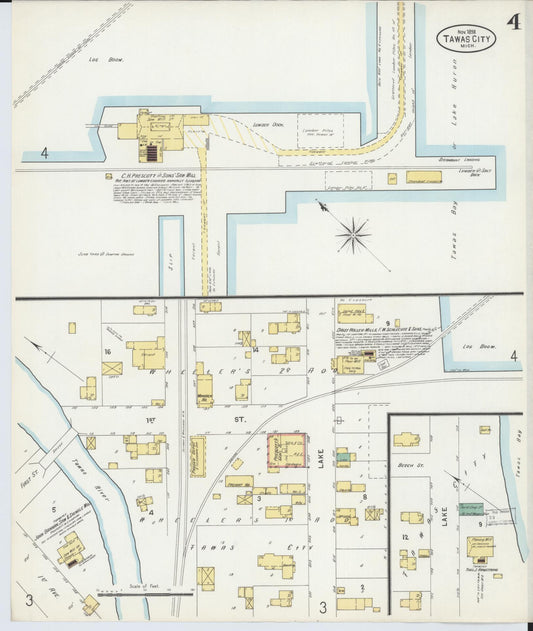 Sanborn Fire Insurance Map from Tawas City, Iosco County, Michigan (1898), Sheet #0004 - Historic Sanborn Fire Insurance Map Print, vintage old map wall art, antique decor, genealogy gift, Michigan Michigan map