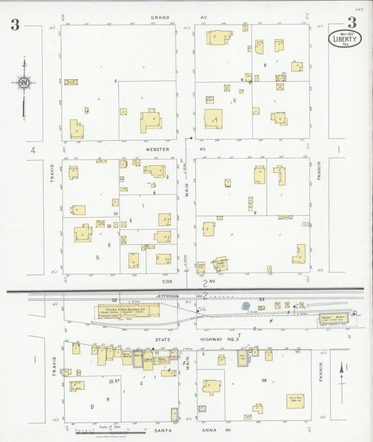 Sanborn Fire Insurance Map from Liberty, Liberty County, Texas (1927), Sheet #0003 - Historic Sanborn Fire Insurance Map Print, vintage old map wall art, antique decor, genealogy gift, Texas Texas map