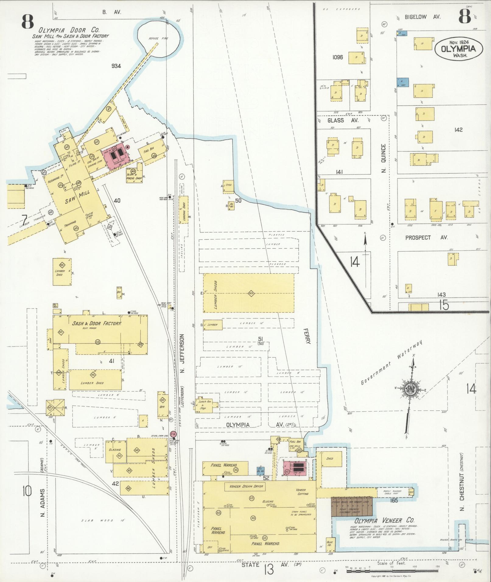Sanborn Fire Insurance Map from Olympia, Thurston County, Washington (1924), Sheet #0008 - Complete Map Set gallery image, historic Sanborn map, vintage wall art, Washington Washington