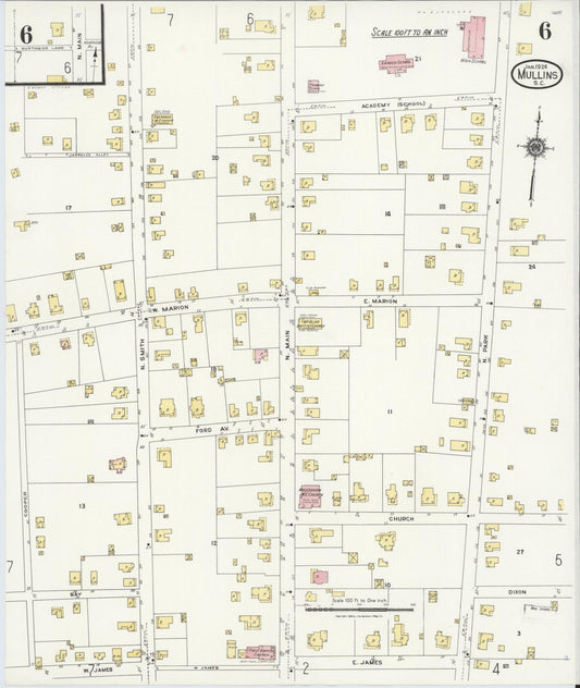 Sanborn Fire Insurance Map from Mullins, Marion County, South Carolina (1924), Sheet #0006 - Historic Sanborn Fire Insurance Map Print, vintage old map wall art, antique decor, genealogy gift, South Carolina South Carolina map