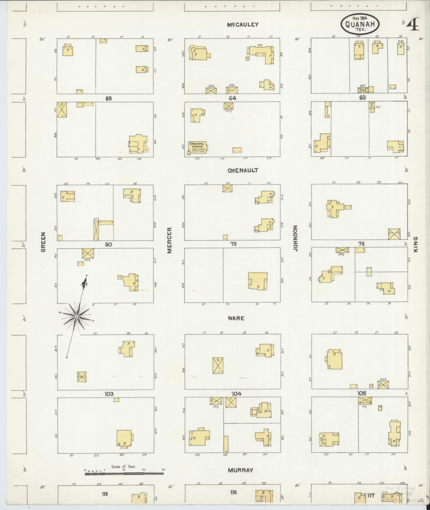 Sanborn Fire Insurance Map from Quanah, Hardeman County, Texas (1904), Sheet #0004 - Historic Sanborn Fire Insurance Map Print, vintage old map wall art, antique decor, genealogy gift, Texas Texas map