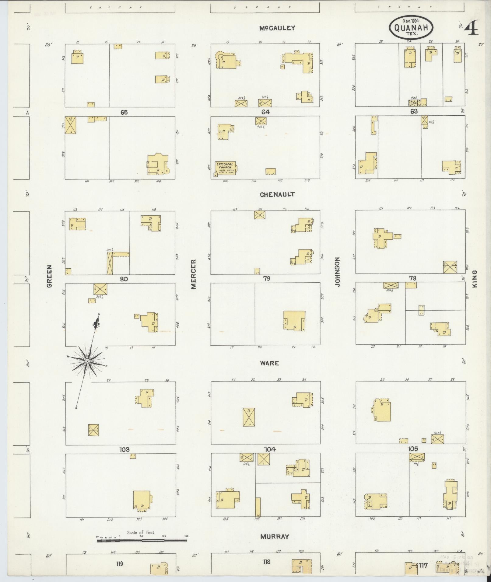 Sanborn Fire Insurance Map from Quanah, Hardeman County, Texas (1904), Sheet #0004 - Historic Sanborn Fire Insurance Map Print, vintage old map wall art, antique decor, genealogy gift, Texas Texas map