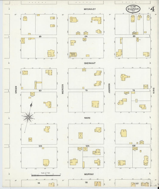 Sanborn Fire Insurance Map from Quanah, Hardeman County, Texas (1904), Sheet #0004 - Historic Sanborn Fire Insurance Map Print, vintage old map wall art, antique decor, genealogy gift, Texas Texas map