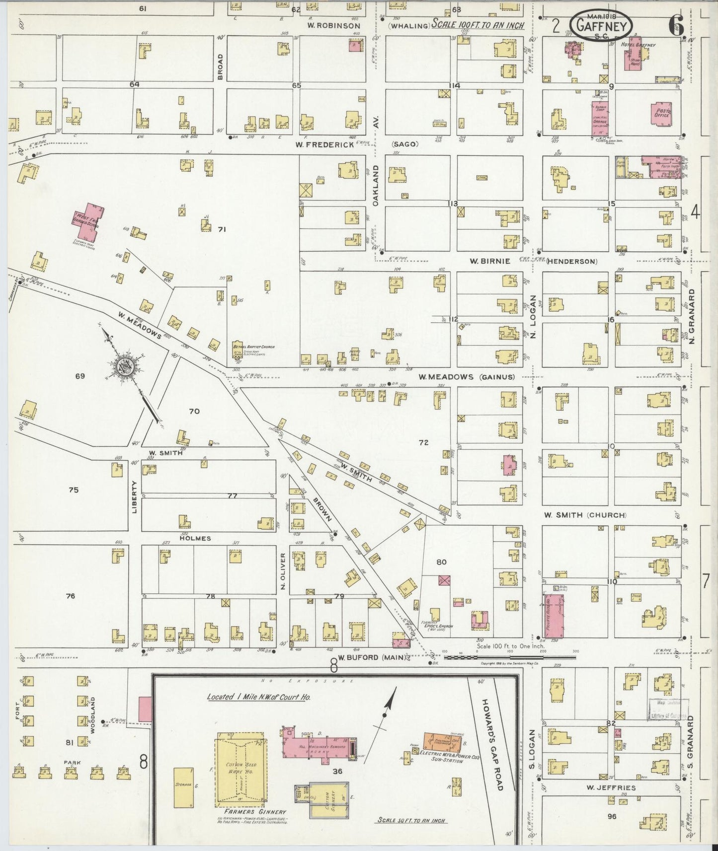 Sanborn Fire Insurance Map from Gaffney, Cherokee County, South Carolina (1918), Sheet #0006 - Complete Map Set gallery image, historic Sanborn map, vintage wall art, South Carolina South Carolina