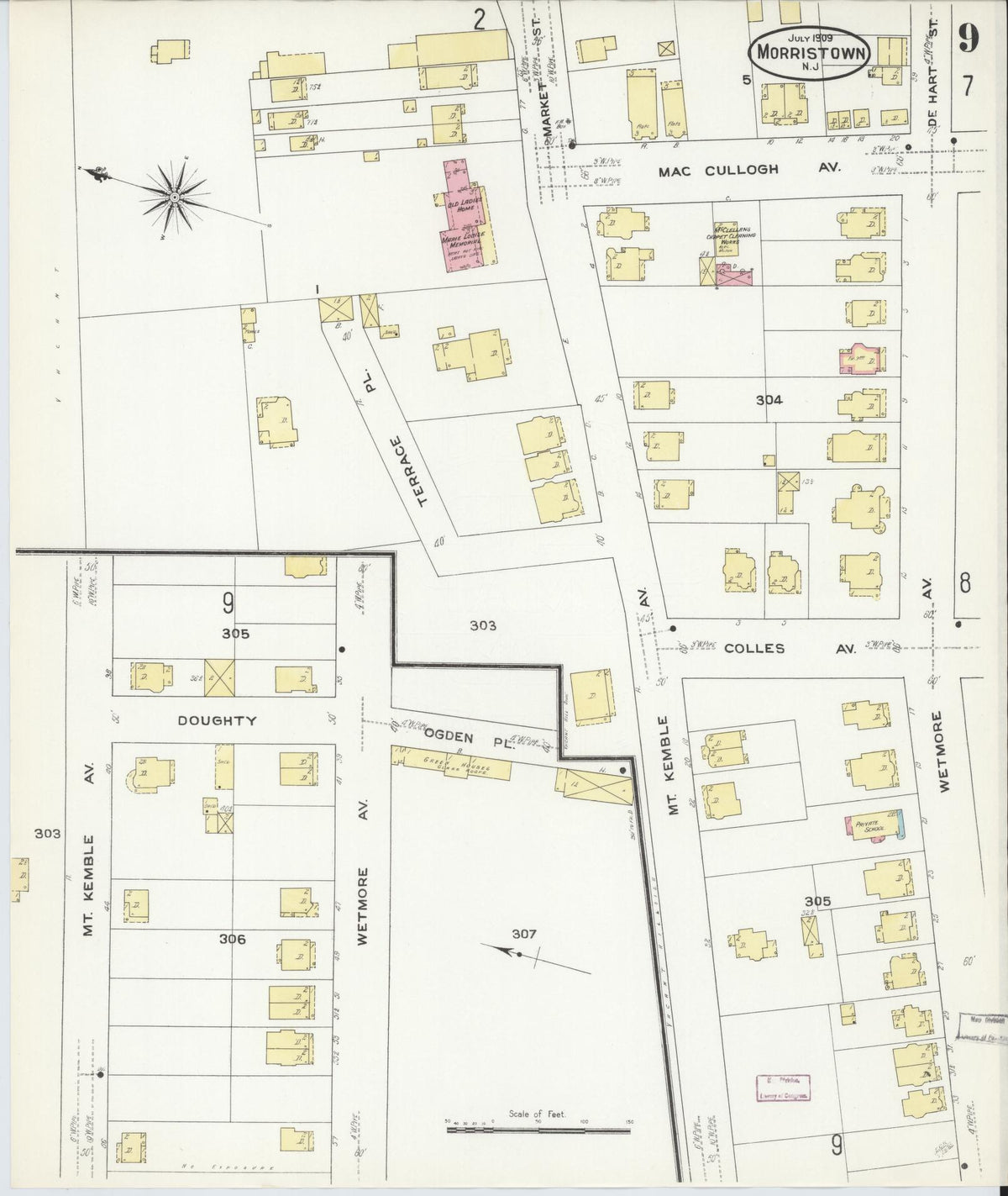 Sanborn Fire Insurance Map from Morristown, Morris County, New Jersey (1909), Sheet #0009 - Historic Sanborn Fire Insurance Map Print, vintage old map wall art, antique decor, genealogy gift, New Jersey New Jersey map