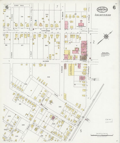 Sanborn Fire Insurance Map from Sanford, Lee County, North Carolina (1925), Sheet #0006 - Historic Sanborn Fire Insurance Map Print, vintage old map wall art, antique decor, genealogy gift, North Carolina North Carolina map