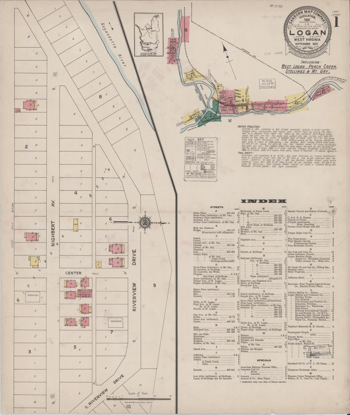 Sanborn Fire Insurance Map from Logan, Logan County, West Virginia (1922), Sheet #0001 - Historic Sanborn Fire Insurance Map Print, vintage old map wall art, antique decor, genealogy gift, West Virginia West Virginia map