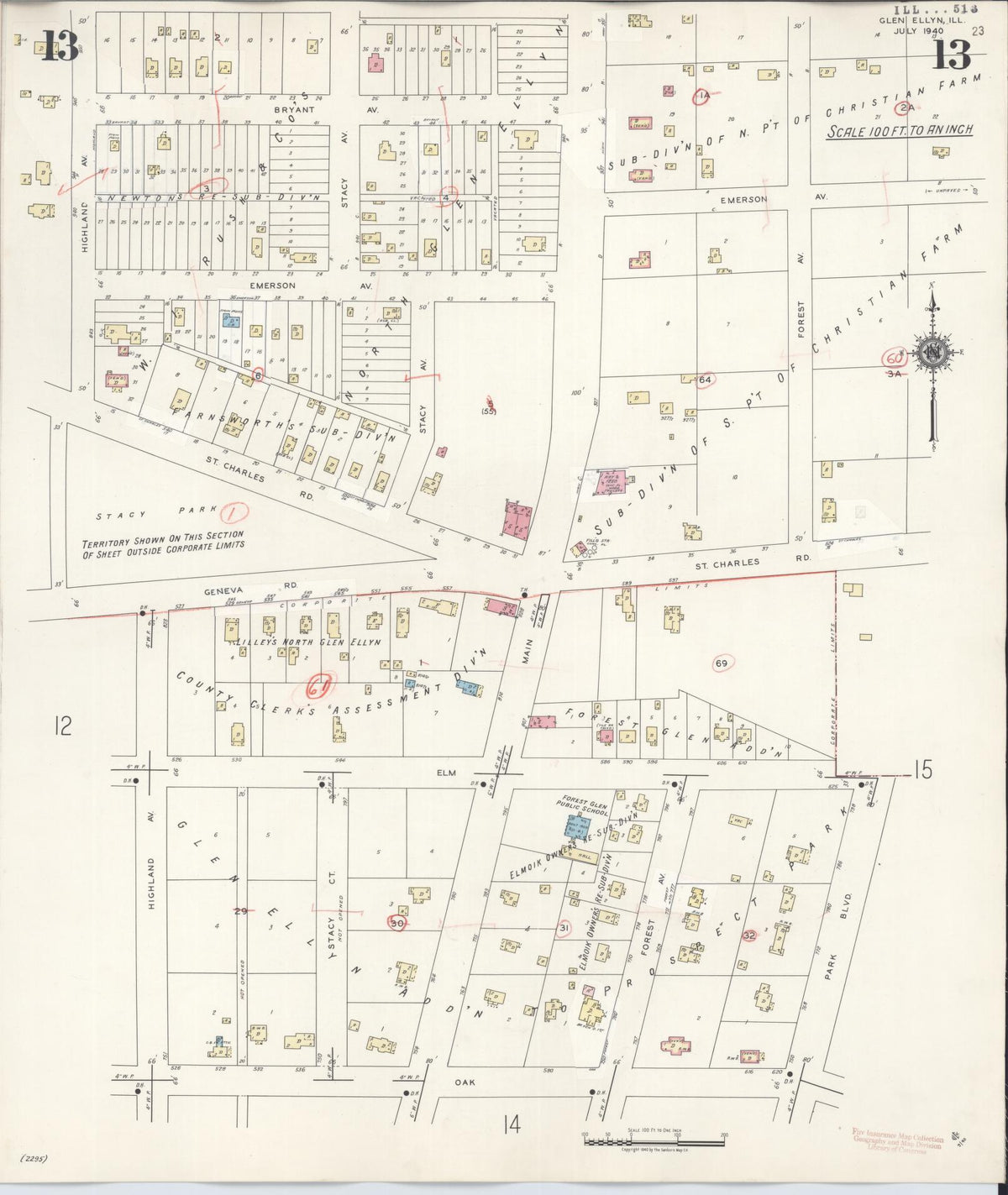 Sanborn Fire Insurance Map from Glen Ellyn, Du Page County, Illinois (1946), Sheet #0013 - Complete Map Set gallery image, historic Sanborn map, vintage wall art, Illinois Illinois
