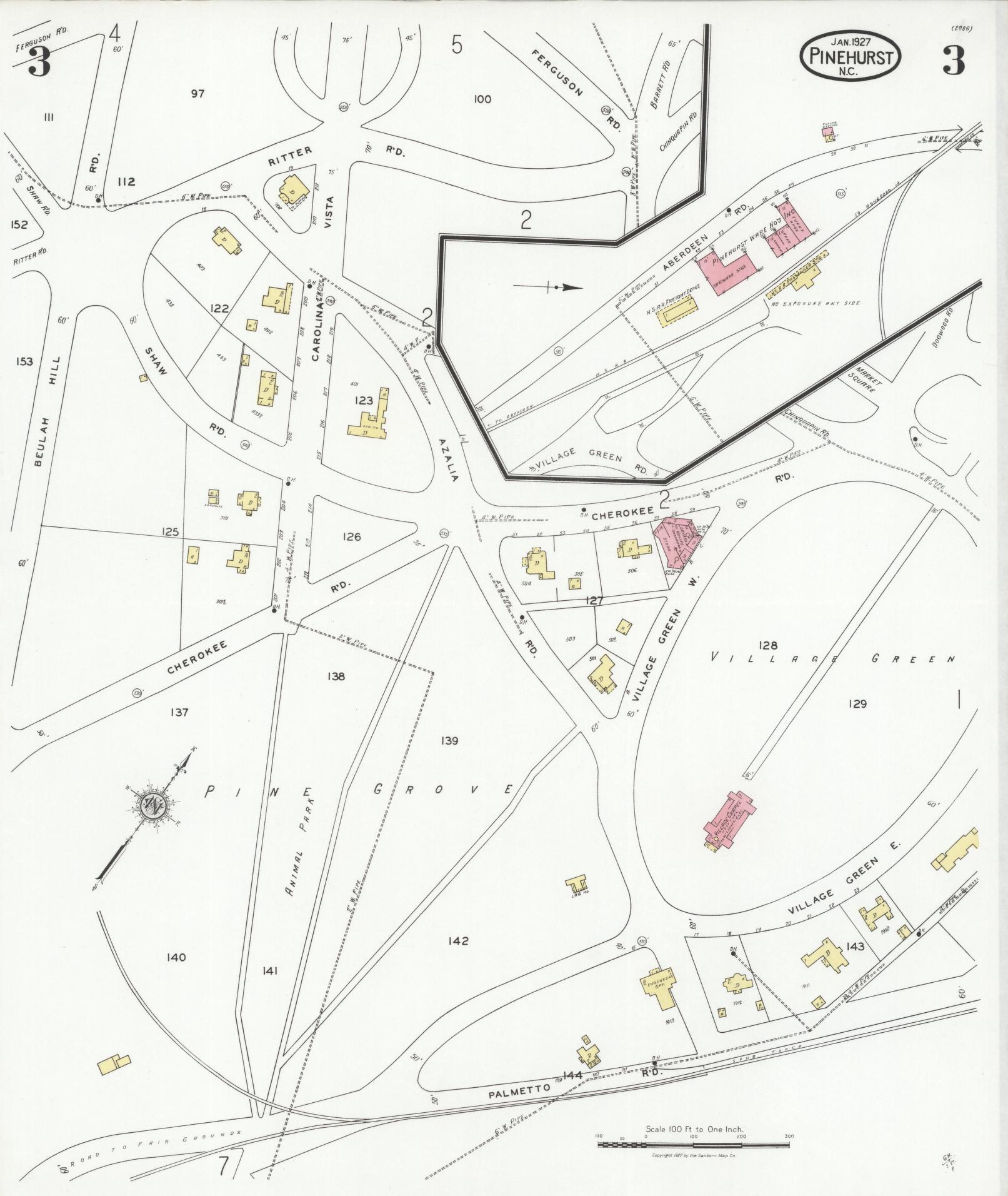 Sanborn Fire Insurance Map from Pinehurst, Moore County, North Carolina (1927), Sheet #0003 - Complete Map Set gallery image, historic Sanborn map, vintage wall art, North Carolina North Carolina