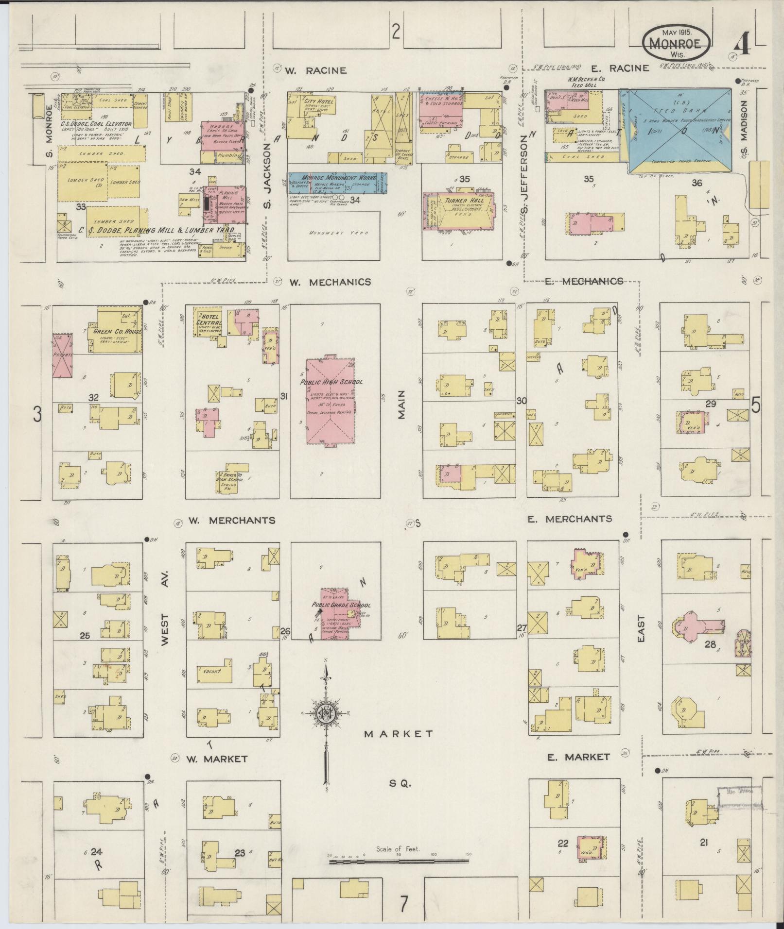 Sanborn Fire Insurance Map from Monroe, Green County, Wisconsin (1915), Sheet #0004 - Complete Map Set gallery image, historic Sanborn map, vintage wall art, Wisconsin Wisconsin