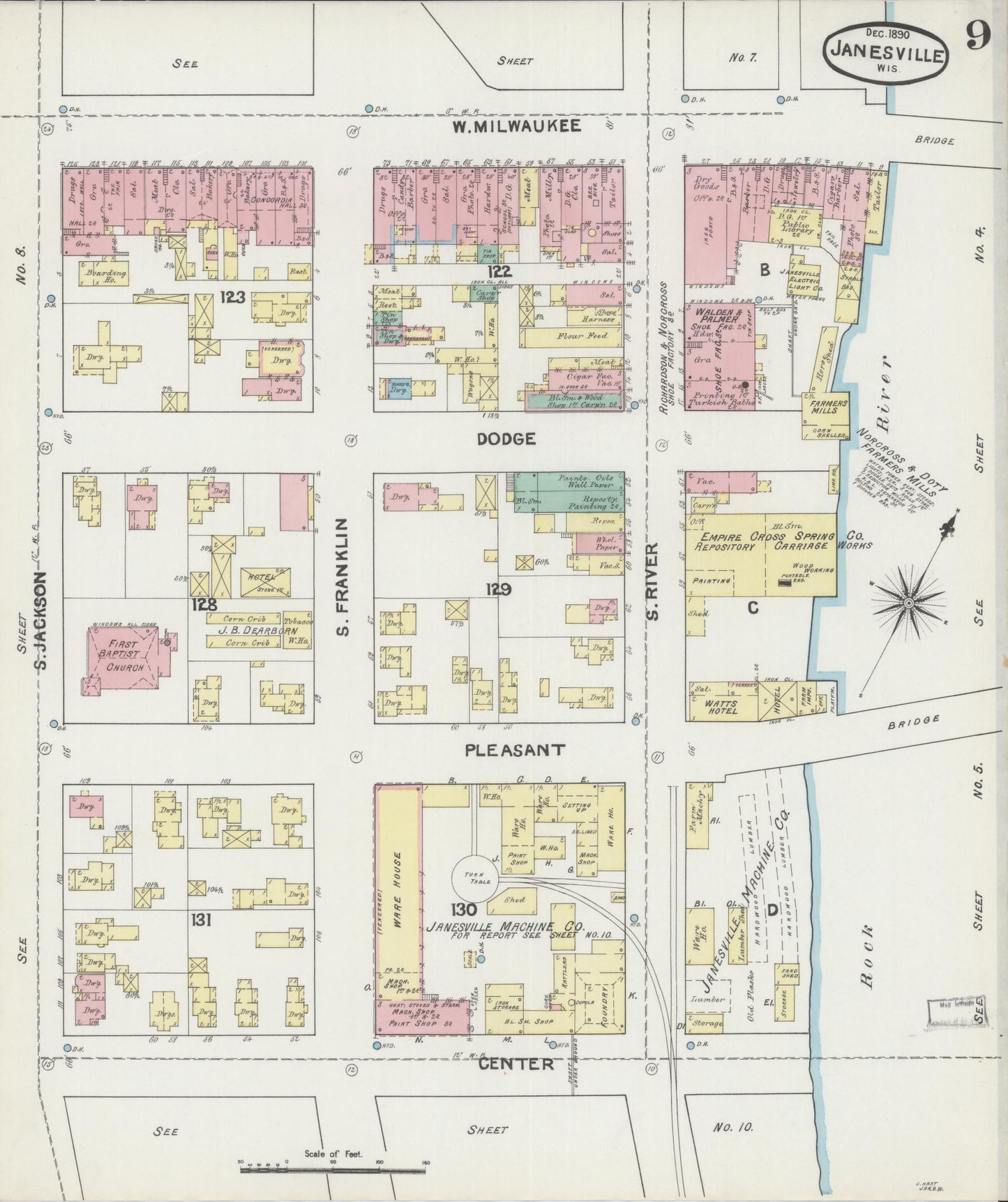 Sanborn Fire Insurance Map from Janesville, Rock County, Wisconsin (1890), Sheet #0009 - Historic Sanborn Fire Insurance Map Print, vintage old map wall art, antique decor, genealogy gift, Wisconsin Wisconsin map