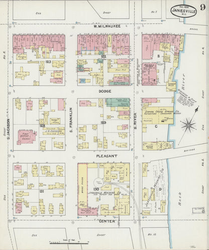 Sanborn Fire Insurance Map from Janesville, Rock County, Wisconsin (1890), Sheet #0009 - Historic Sanborn Fire Insurance Map Print, vintage old map wall art, antique decor, genealogy gift, Wisconsin Wisconsin map