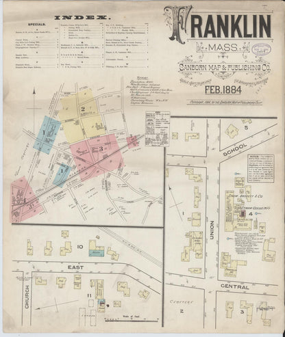 Sanborn Fire Insurance Map from Franklin, Norfolk County, Massachusetts (1884), Sheet #0001 - Historic Sanborn Fire Insurance Map Print, vintage old map wall art, antique decor, genealogy gift, Massachusetts Massachusetts map