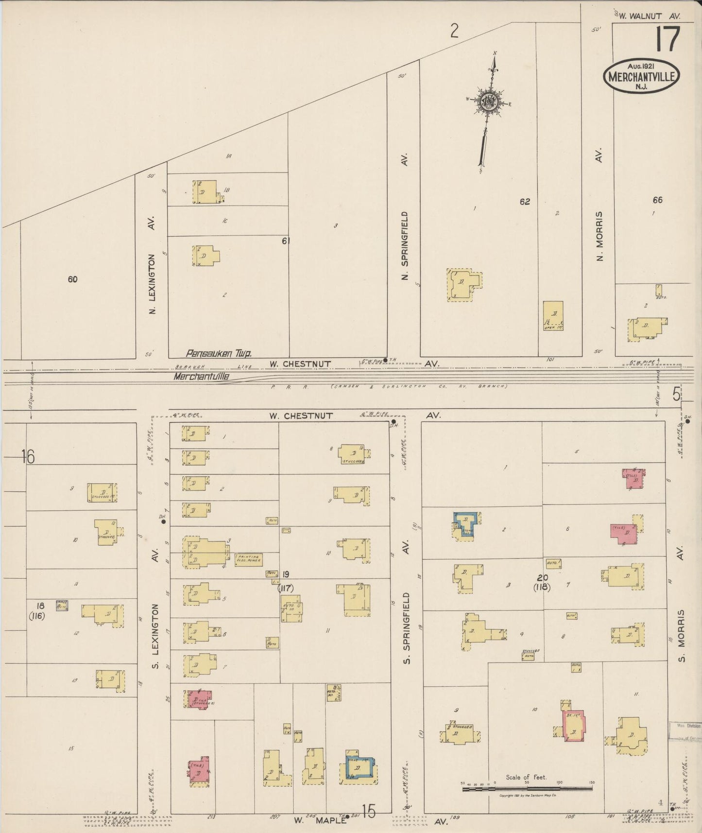 Sanborn Fire Insurance Map from Merchantville, Camden County, New Jersey (1921), Sheet #0017 - Historic Sanborn Fire Insurance Map Print, vintage old map wall art, antique decor, genealogy gift, New Jersey New Jersey map