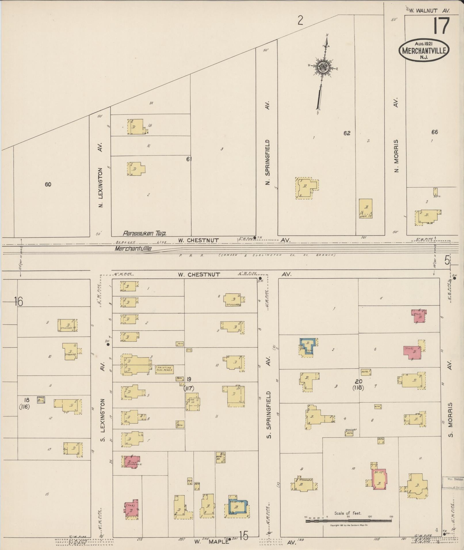 Sanborn Fire Insurance Map from Merchantville, Camden County, New Jersey (1921), Sheet #0017 - Historic Sanborn Fire Insurance Map Print, vintage old map wall art, antique decor, genealogy gift, New Jersey New Jersey map