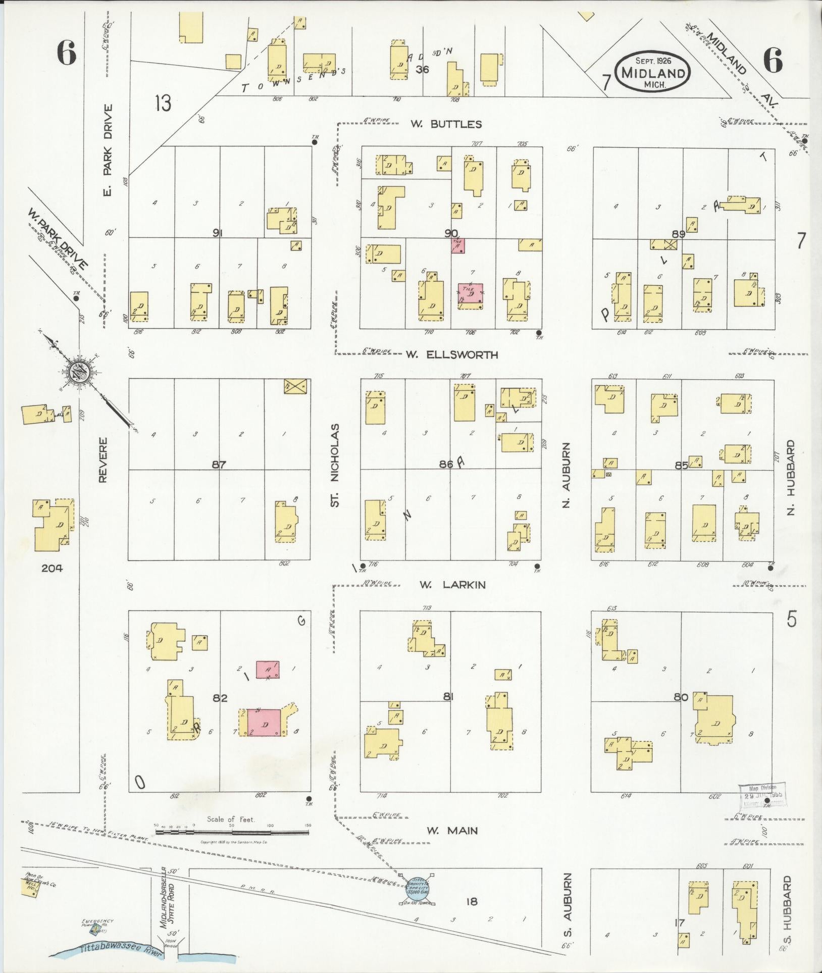 Sanborn Fire Insurance Map from Midland, Midland County, Michigan (1926), Sheet #0006 - Complete Map Set gallery image, historic Sanborn map, vintage wall art, Michigan Michigan