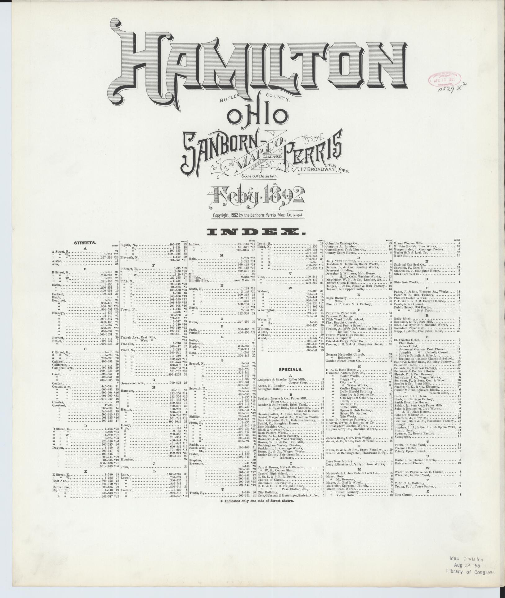 Sanborn Fire Insurance Map from Hamilton, Butler County, Ohio (1892), Sheet #0001 - Historic Sanborn Fire Insurance Map Print, vintage old map wall art, antique decor, genealogy gift, Ohio Ohio map