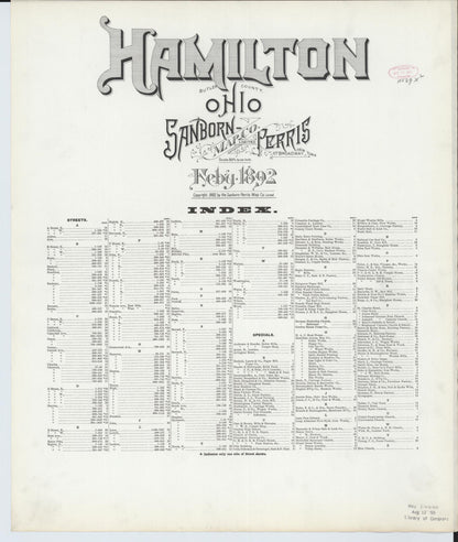 Sanborn Fire Insurance Map from Hamilton, Butler County, Ohio (1892), Sheet #0001 - Historic Sanborn Fire Insurance Map Print, vintage old map wall art, antique decor, genealogy gift, Ohio Ohio map