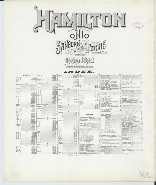 Sanborn Fire Insurance Map from Hamilton, Butler County, Ohio (1892), Sheet #0001 - Historic Sanborn Fire Insurance Map Print, vintage old map wall art, antique decor, genealogy gift, Ohio Ohio map