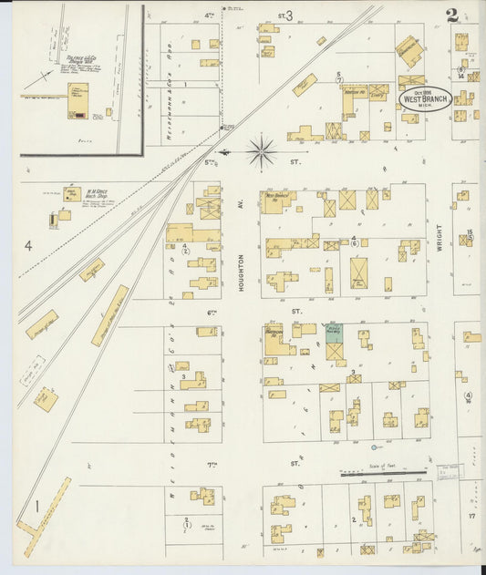 Sanborn Fire Insurance Map from West Branch, Ogemaw County, Michigan (1898), Sheet #0002 - Historic Sanborn Fire Insurance Map Print, vintage old map wall art, antique decor, genealogy gift, Michigan Michigan map
