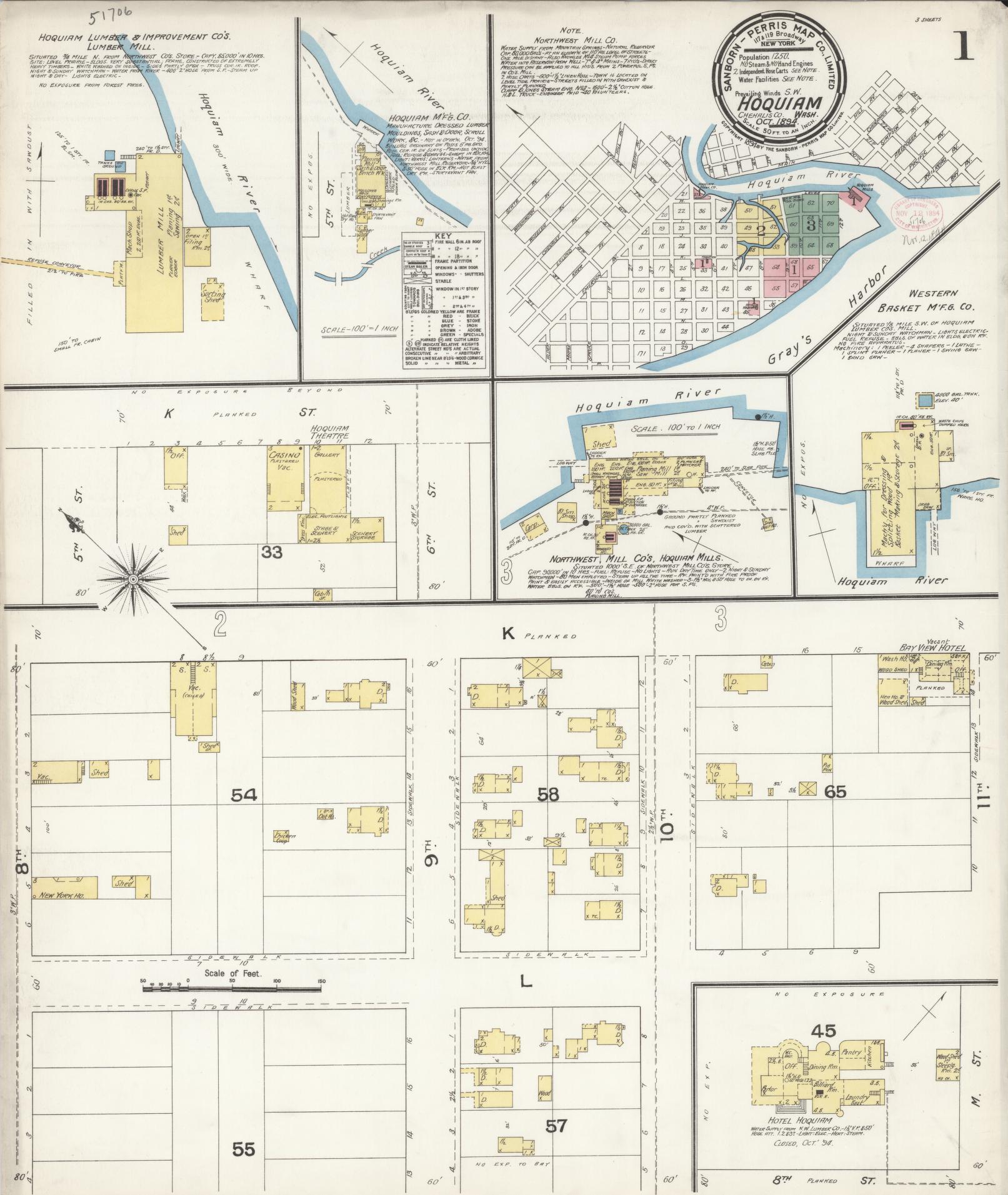 Sanborn Fire Insurance Map from Hoquiam, Grays Harbor County, Washington (1894), Sheet #0001 - Complete Map Set gallery image, historic Sanborn map, vintage wall art, Washington Washington